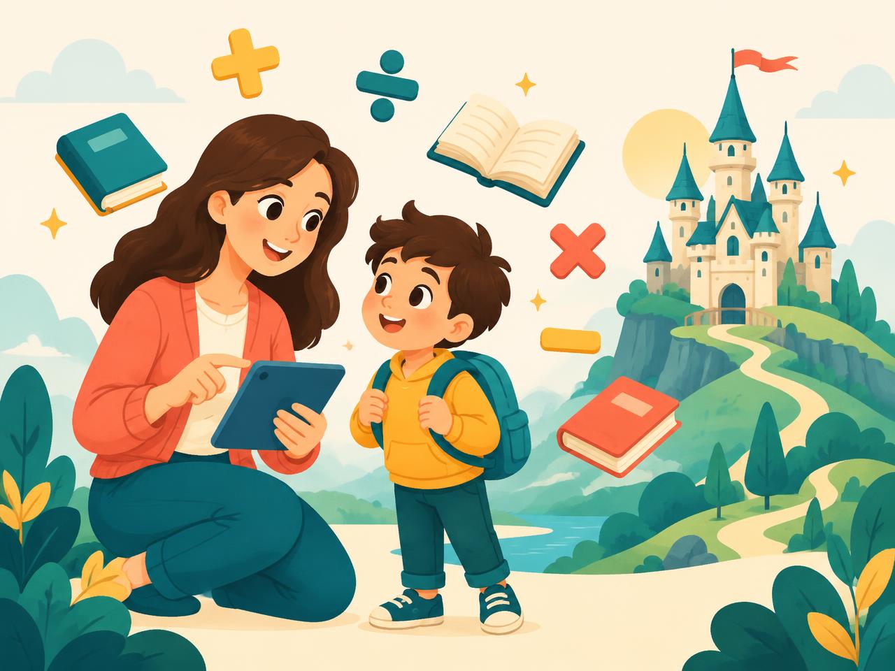 Una profesora y un alumno aprenden juntos con un castillo de aventuras al fondo